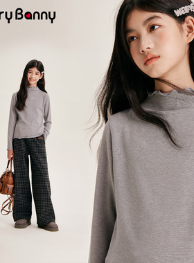 BarryBanny女童木耳边打底衫2025秋冬新款中大儿童半高领长袖T恤