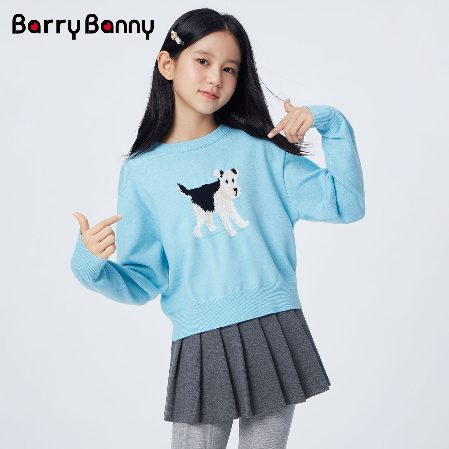 BarryBanny女童小狗提花羊毛针织衫秋冬新款中大童圆领落肩毛衣