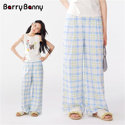 BarryBanny女童蓝黄格子裤直筒裤
