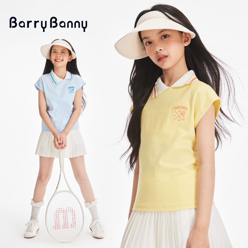 BarryBanny女童运动POLO衫2025夏季新款儿童纯色百搭短袖T恤上衣
