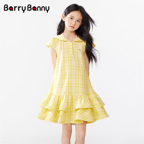 BarryBanny女童格纹飞袖连衣裙