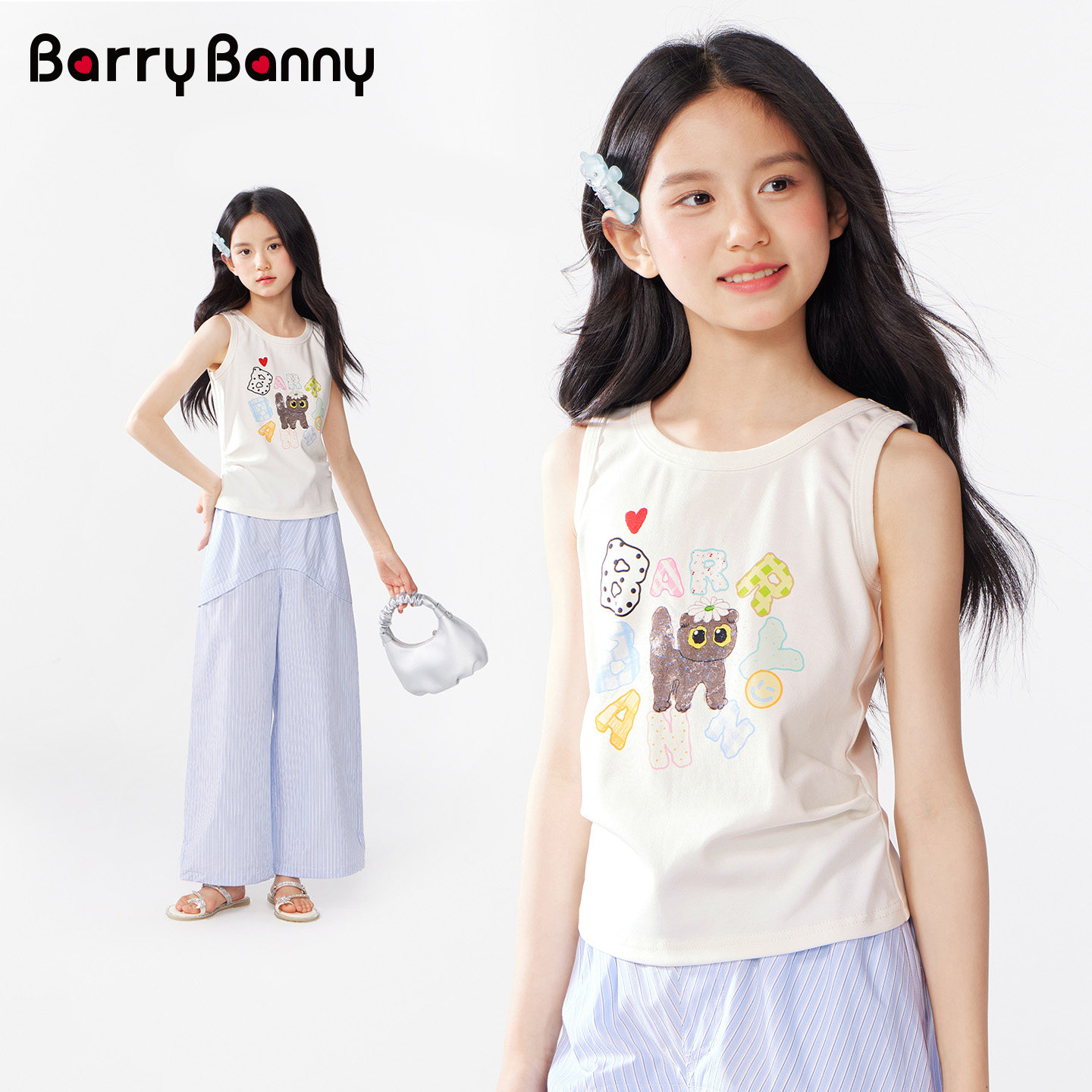BarryBanny女童猫咪印花背心夏季新款中大童圆领亲肤透气无袖上衣