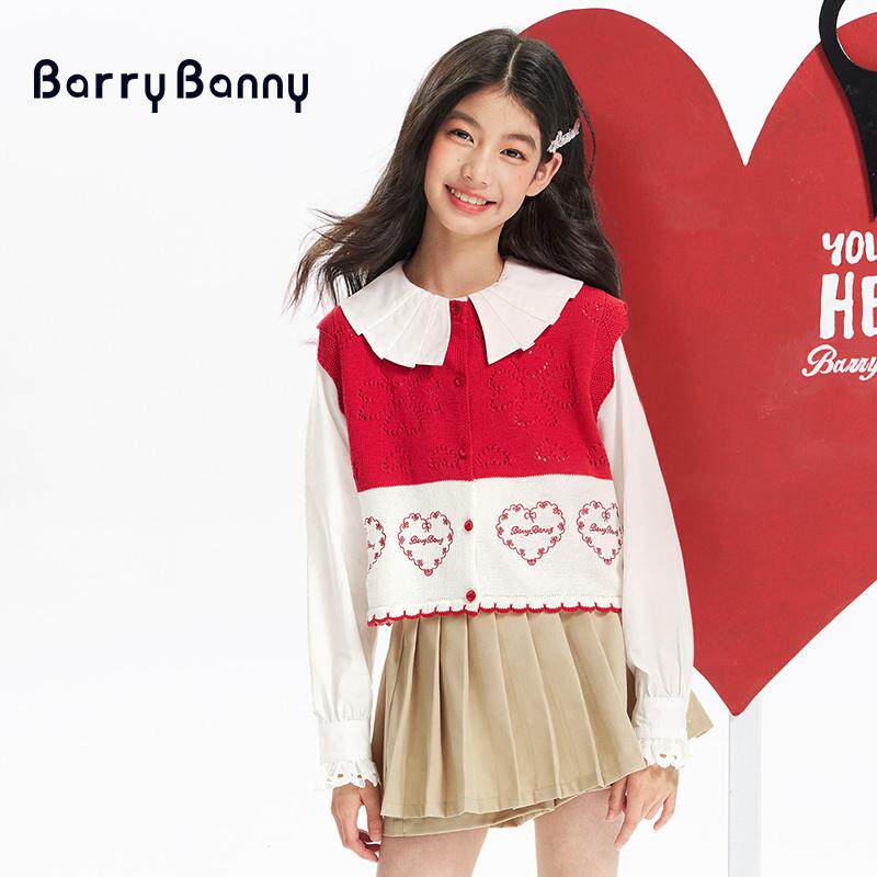 BarryBanny女童针织马甲2026新款春季红色镂空圆领儿童百搭上衣女