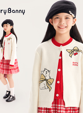 Barry Banny女童针织开衫假两件毛衣春季新款小猫套装儿童百褶裙