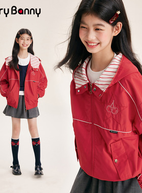 BarryBanny女童外套2026新款春季儿童连帽夹克中大童哑光红色上衣