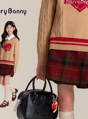 Barry Banny女童毛呢裤裙2025新款秋季儿童高腰百搭红色A字短裙女