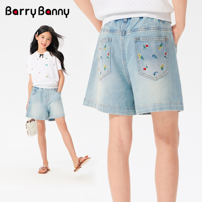 BarryBanny女童花朵刺绣牛仔短裤