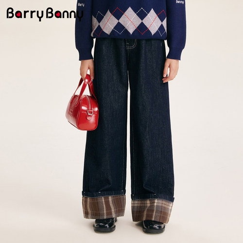 BarryBanny女童格纹卷边牛仔裤