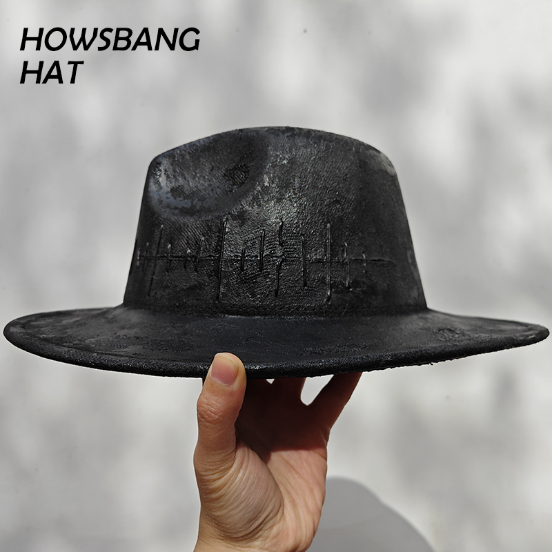 HOWSBANG火烧帽61cm大头围帽子夏宽沿爵士复古做旧礼帽烧毁帽走秀