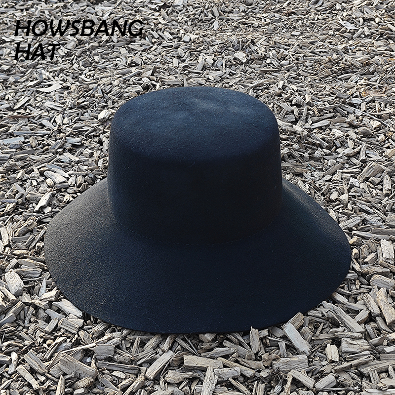 HOWSBANG 下沿平顶礼帽羊毛呢帽子女时装帽黑色百搭休闲秋冬复古