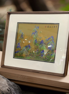 高端铜雕画摆台《千里江山图》新中式客厅玄关桌面摆件山水装饰画