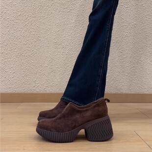 真皮厚底小个子增高7.5CM复古乐福鞋圆头深口高跟鞋一脚蹬单鞋女