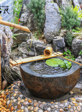 日式庭院水槽石槽流水惊鹿滴水户外石钵蹲锯造景装饰别墅花园水钵