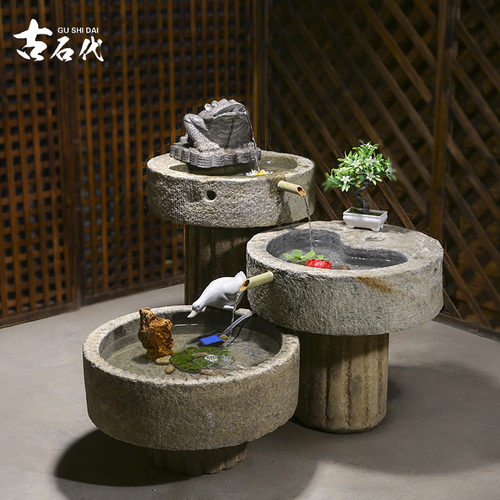 石磨流水摆件金蝉招财鱼池造景