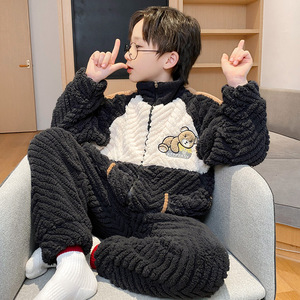 芬腾冬季男童珊瑚绒睡衣2023新款秋冬款加厚法兰绒小男孩青少年家