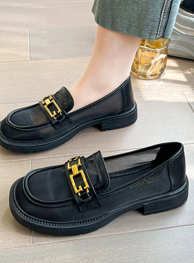 网纱单鞋女夏季黑色上班透气乐福鞋2025新款一脚蹬平底网面小皮鞋