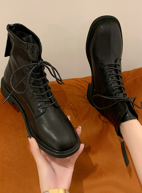 短筒弹力单靴马丁靴女潮ins英伦瘦瘦靴2025秋冬新款系带黑色靴子