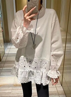 DW白色镂空蕾丝花边拼接灯笼袖t恤2025秋冬宽松圆领中长上衣7529