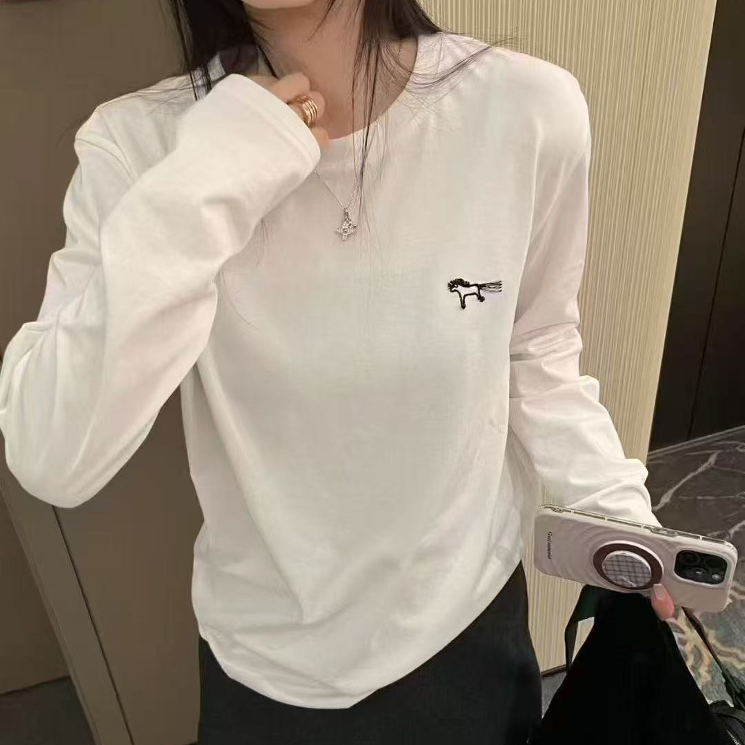 DW超好看卡通小马白色T恤 刺绣流苏简洁百搭休闲长袖打底衫女8272