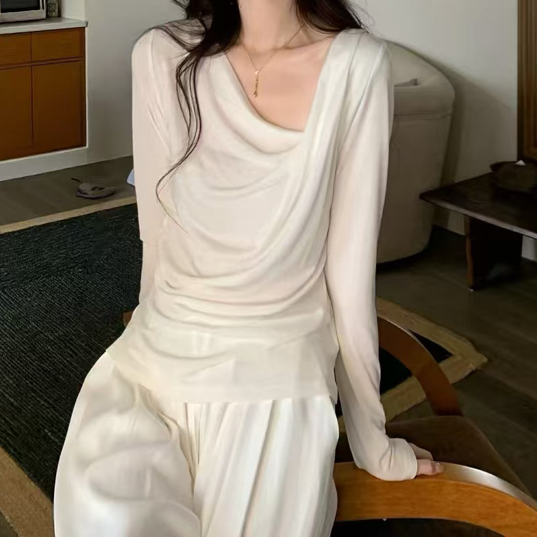 天丝羊毛侧褶皱设计感心机T恤女秋季韩版斜领修身百搭上衣女8692