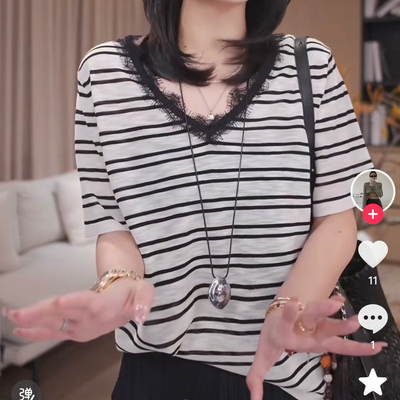 流行好看蕾丝花边V领后背小心机漏背设计薄雪花棉百搭短袖女7790