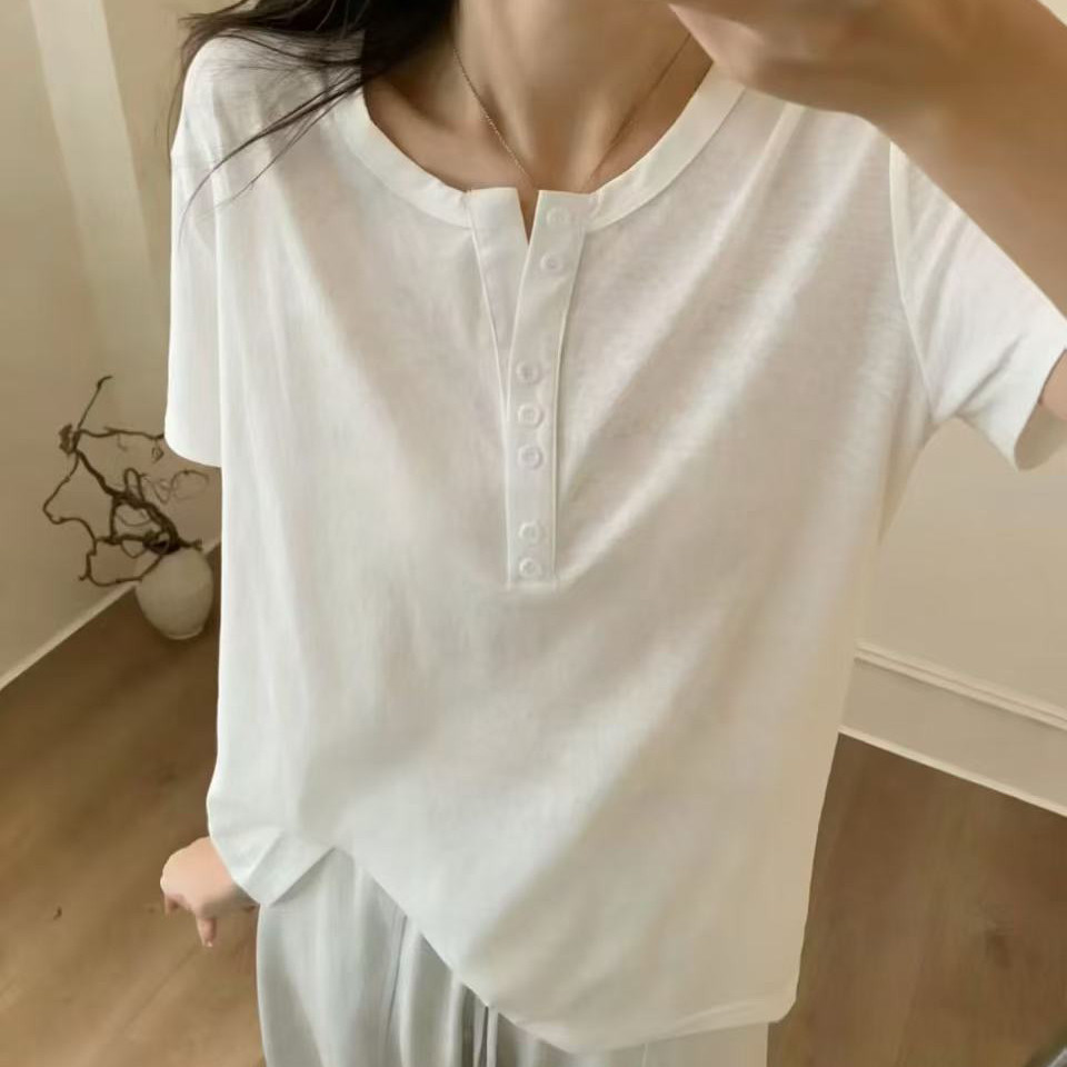 百搭下摆开叉白色圆领半开襟排扣休闲百搭短袖T恤衫女8393