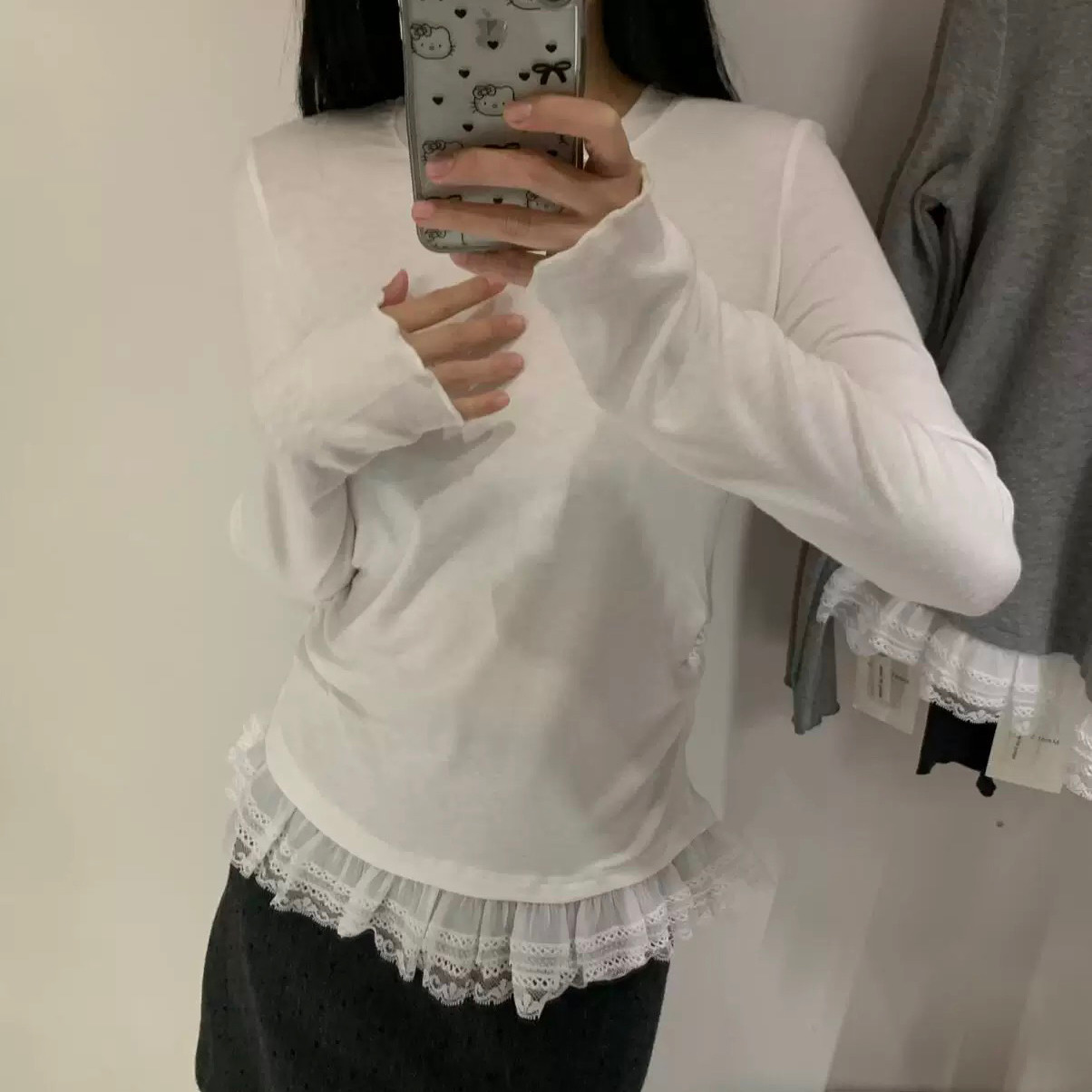 DW百搭韩版褶皱花边拼接长袖T恤打底衫女百搭洋气上衣女8213