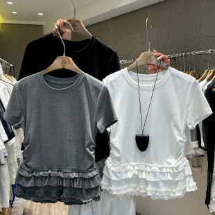 2025春夏季新款欧货圆领修身显瘦纯欲风荷叶边拼接短袖T恤女7651