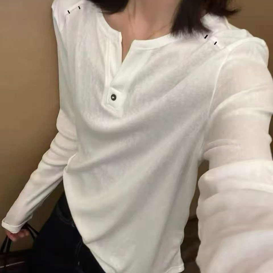 秋冬韩系刺绣杠杠开口V领雪花棉长袖T恤女舒适上衣打底衫8798