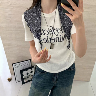 配丝巾2026夏季 T恤打底衫 百搭上衣女8332 褶皱收腰字母短袖 韩版