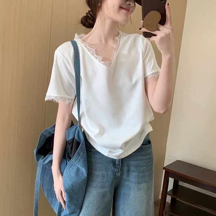 法式气质蕾丝花边v领正肩短袖t恤女春夏设计感小个子宽松上衣7622