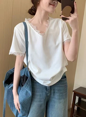 法式气质蕾丝花边v领正肩短袖t恤女春夏设计感小个子宽松上衣7622
