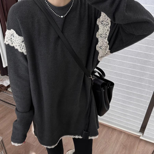 潮7522 打底衫 2025秋冬洋气蕾丝拼接磨毛德绒T恤女新款 欧货女装