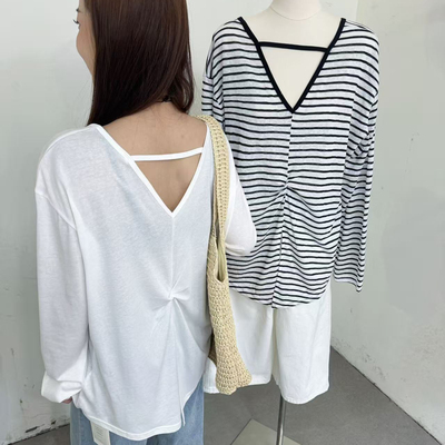 正反两穿洋气条纹长袖防晒T恤女夏露背薄款罩衫外搭宽松上衣8368