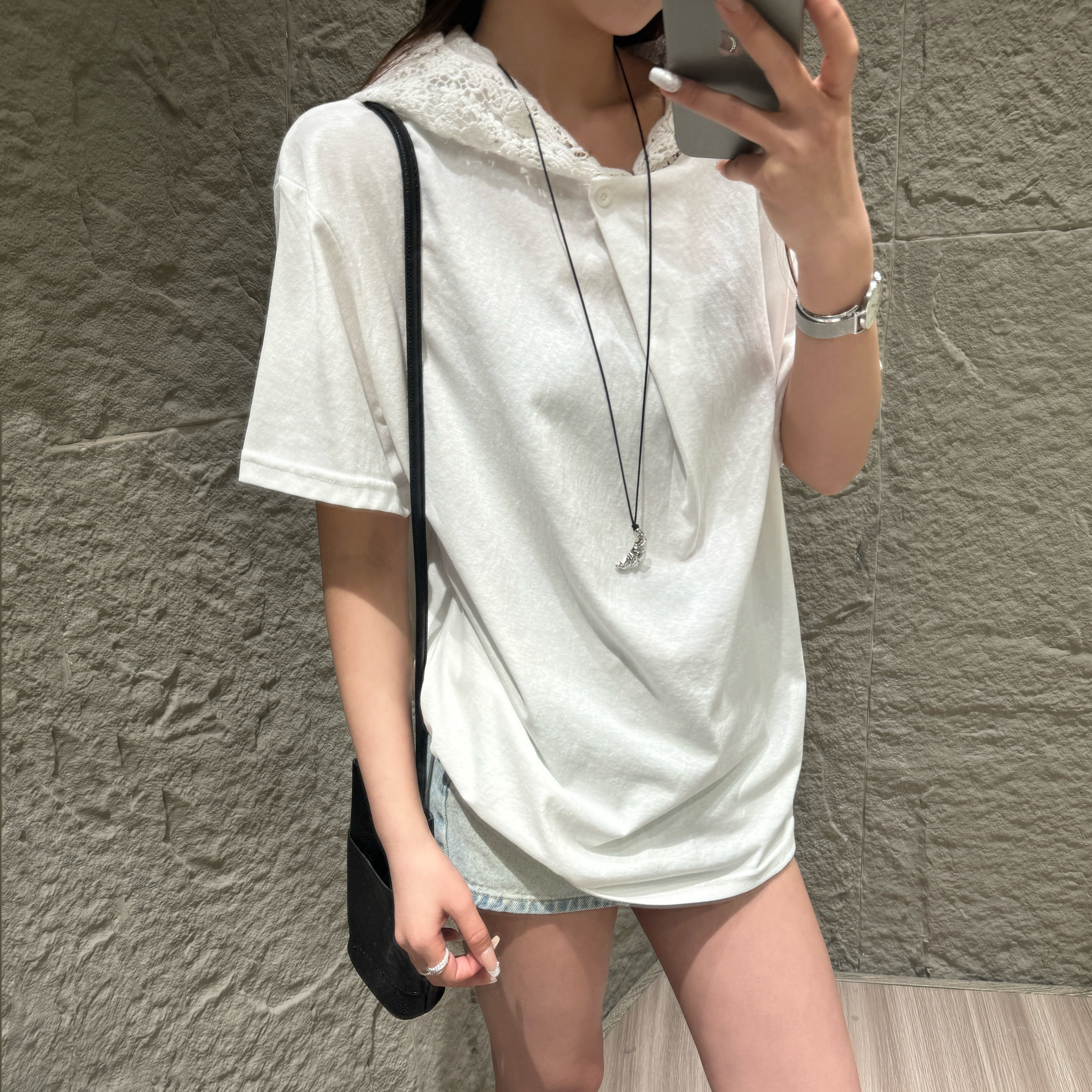 2026春夏款时尚韩系连帽蕾丝拼接短袖T恤女上衣街拍百搭7652