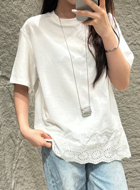 DW高级设计感蕾丝拼接白色短袖t恤女2025夏季宽松慵懒上衣7703