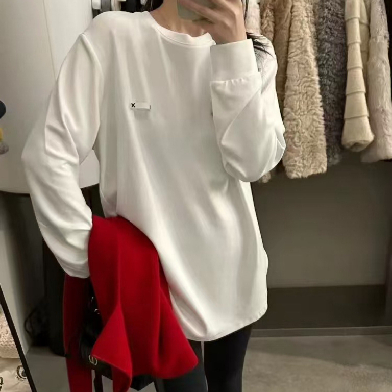 DW洋秋冬季宽松休闲百搭加绒圆领长袖t恤遮肉打底上衣女8076