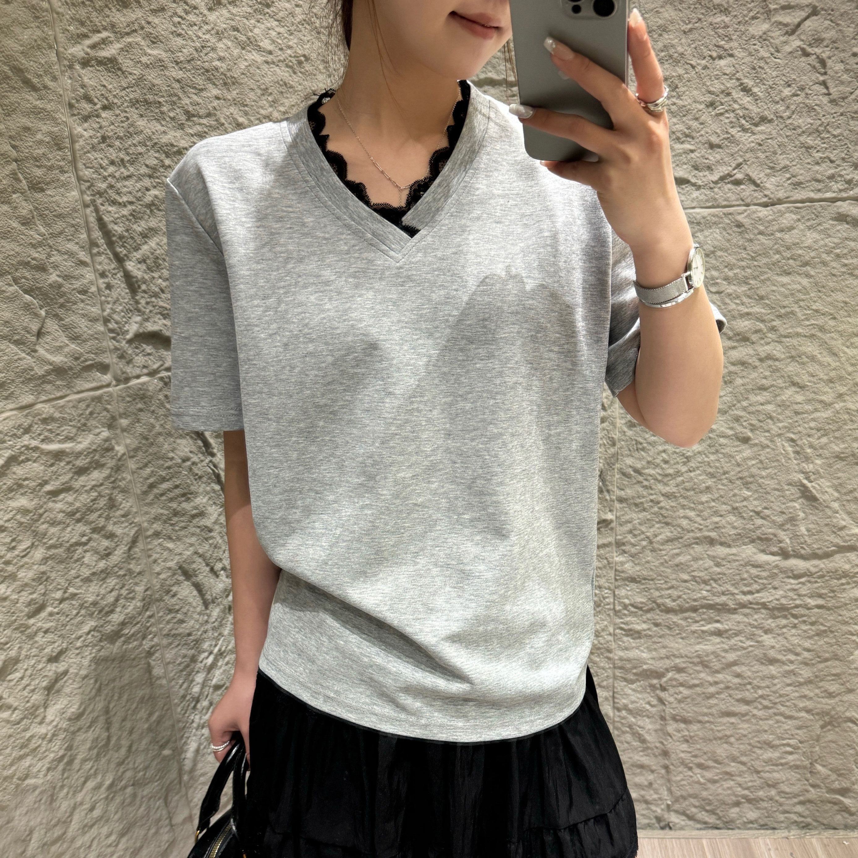 春夏韩版宽松百搭纯色纯欲蕾丝花边V领短袖T恤上打底衣女7672