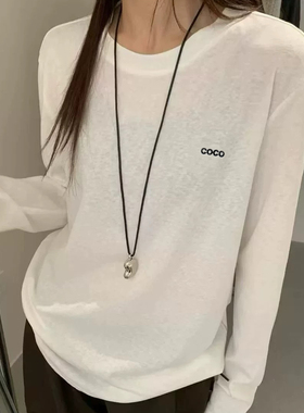 DW2025秋冬休闲风圆领雪花棉长袖刺绣字母叠穿白色棉T恤女8192