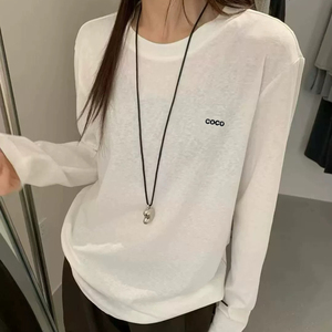DW秋冬百搭休闲风圆领雪花棉长袖刺绣字母叠穿白色棉T恤女8192