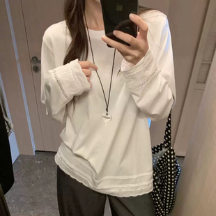 DW洋气小众拼接蕾丝花边长袖 上衣8130 T恤女宽松秋冬内搭打底衫