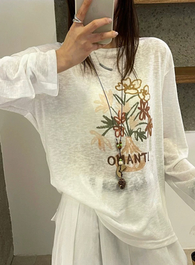 花朵薄料防晒衣T恤女欧洲站夏装新款欧货女装打底衫上衣8571