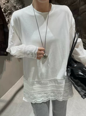 加绒白色蕾丝拼接衬衣袖秋冬宽松下摆开叉长袖中长款打底衫8101