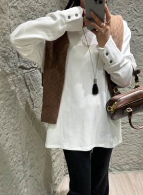 DW强推圆领洋气磨毛加绒纯棉长袖扣子开叉白色T恤女打底内搭8019