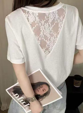 韩系后背蕾丝拼接设计感短袖T恤女夏款圆领宽松显瘦百搭上衣8505