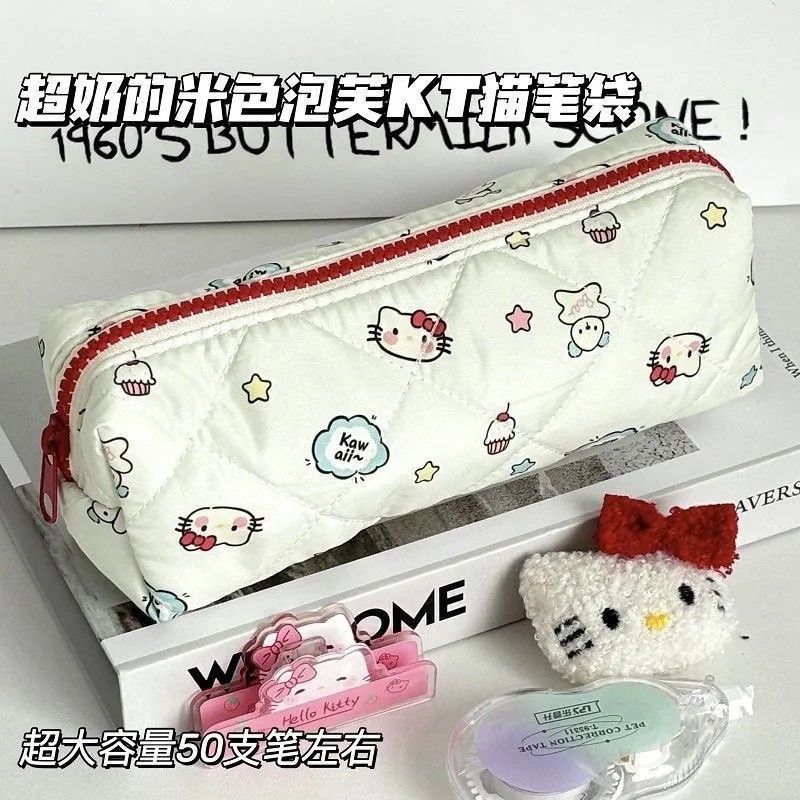 KENYIN 2024 신형 KT 고양이 우유 거품 인쇄 대용량 연필 가방 INS HIGH LOOKING 대용량 귀여운 헬로 키티 여학생 문구 연필 가방