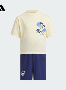 adidas阿迪达斯男小童插画风印花宽松短裤短袖2025夏套装 JM7986