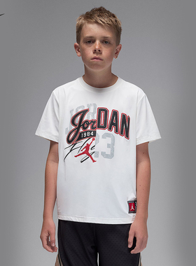 JORDAN耐克大童校园风印花T恤夏季新款男童短袖针织衫IO2296-133