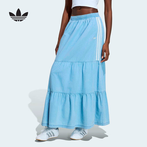 adidas阿迪达斯三叶草荷叶边半身裙2026夏女褶皱牛仔长裙 KY8113