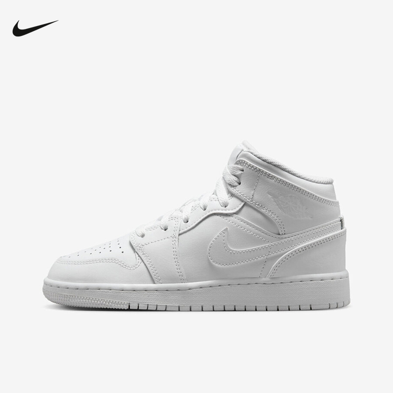 耐克童Air Jordan 1 Mid GS AJ1中帮纯白色复古篮球鞋554725-136